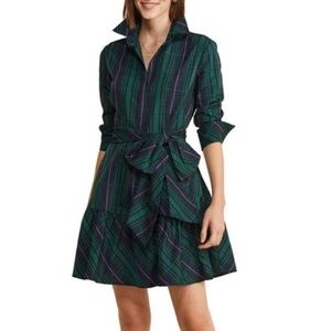 Vineyard Vines Green and Blue Plaid Taffeta Long Sleeve Dress